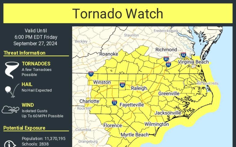 Emiten alerta de tornado para Carolina del Norte