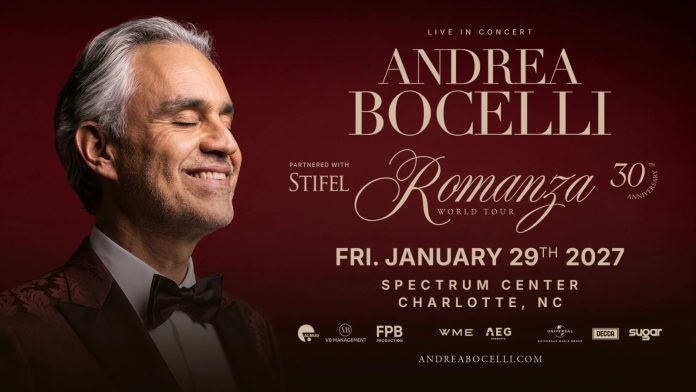 Andrea Bocelli llevará la gira de 30 años de Romanza al Spectrum Center de Charlotte